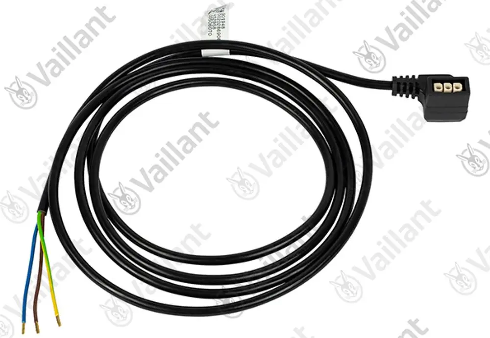 Vaillant Kabel mit einem schwarzen Stecker und drei farbigen Drähten (grün-gelb, blau, braun) zur elektrischen Verbindung.